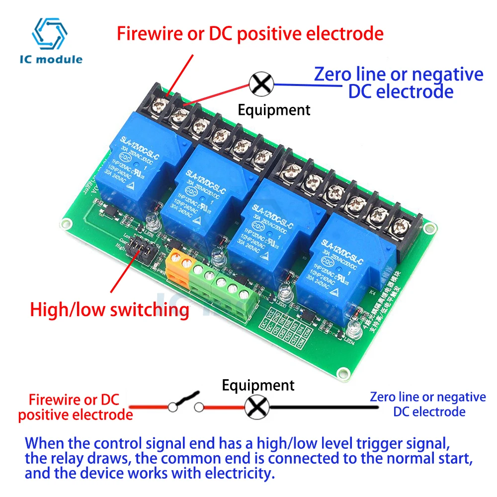 4 Channel relay module 30A with optocoupler isolation 5V 12V 24V supports high and low Triger trigger