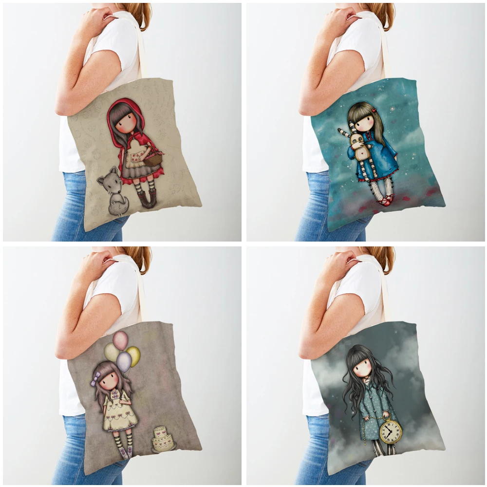 Bolsas de compras informales para niños, mundo de cuento de hadas, bonita chica de dibujos animados, doble estampado, reutilizable, de lona ecológica, bolso de mano