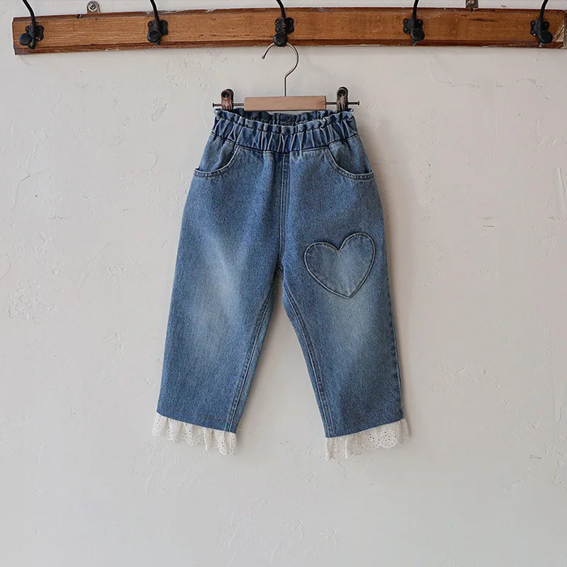 

kids girls clothes children clothing girls jeans Big heart pattern Soft casual jeans Lace patchwork girls' jeans