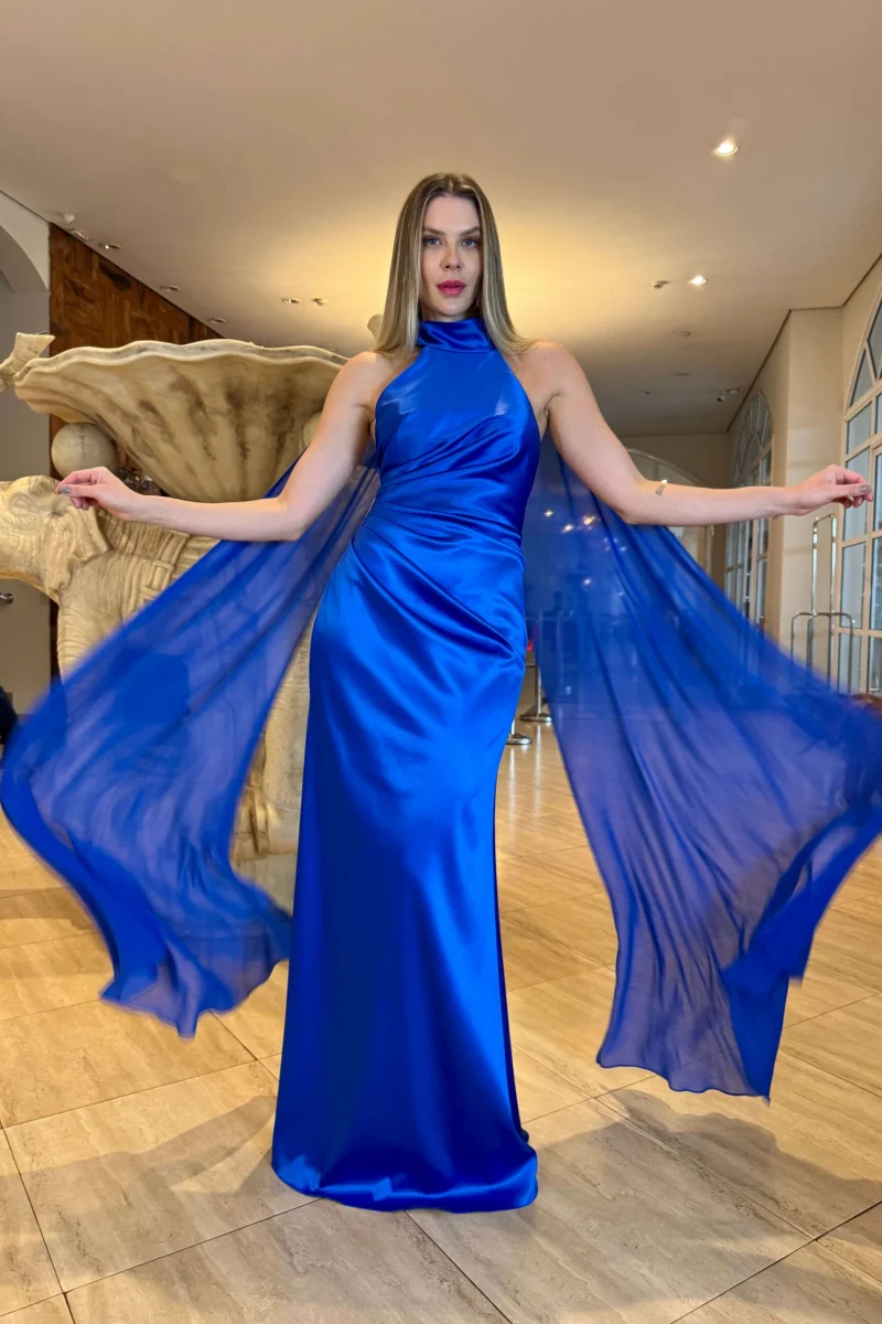 Jessica Formal Occasions Evening Dresses Blue Halter Neck Prom Dresses Fitted Chiffon Shawl Women Party Dresses