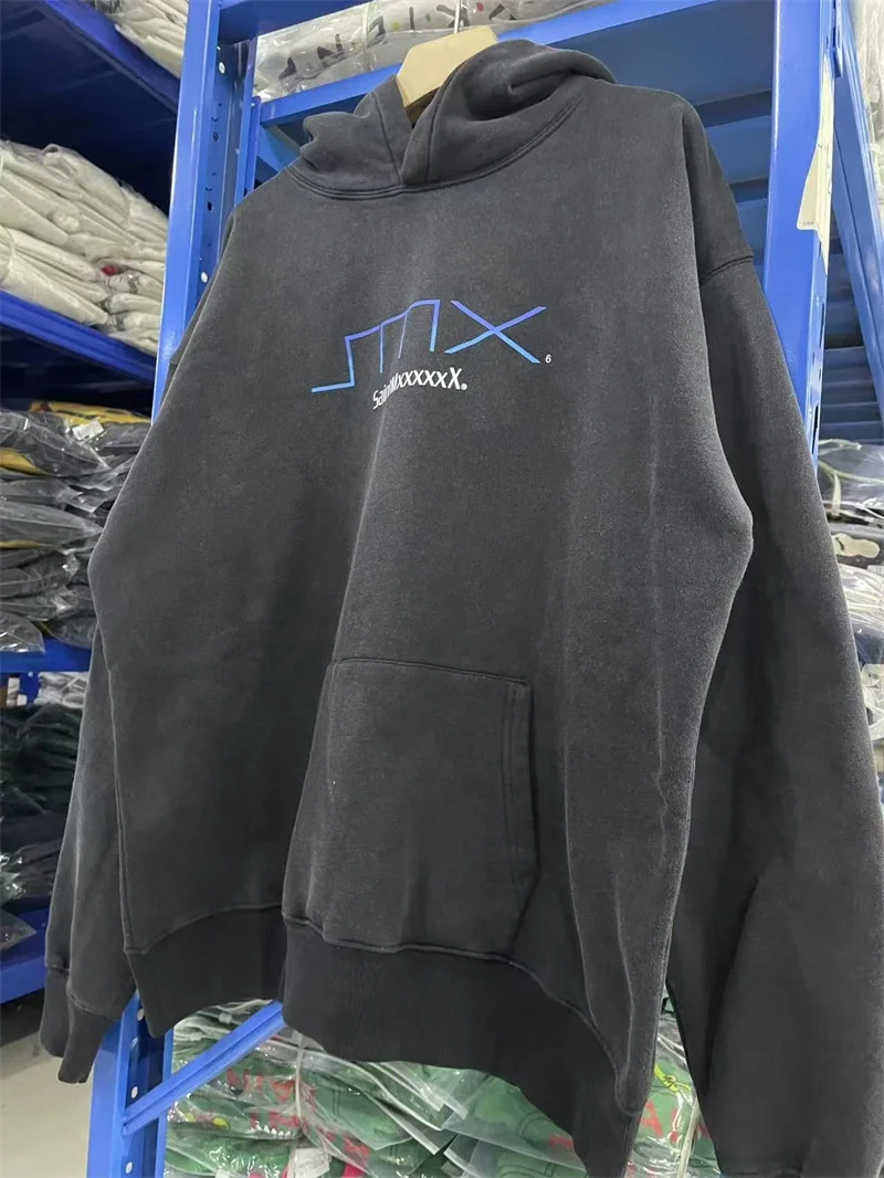 

Washed SAINT Michael Hooded Pullovers Men Women Streetwear Oversized Black Hoodie