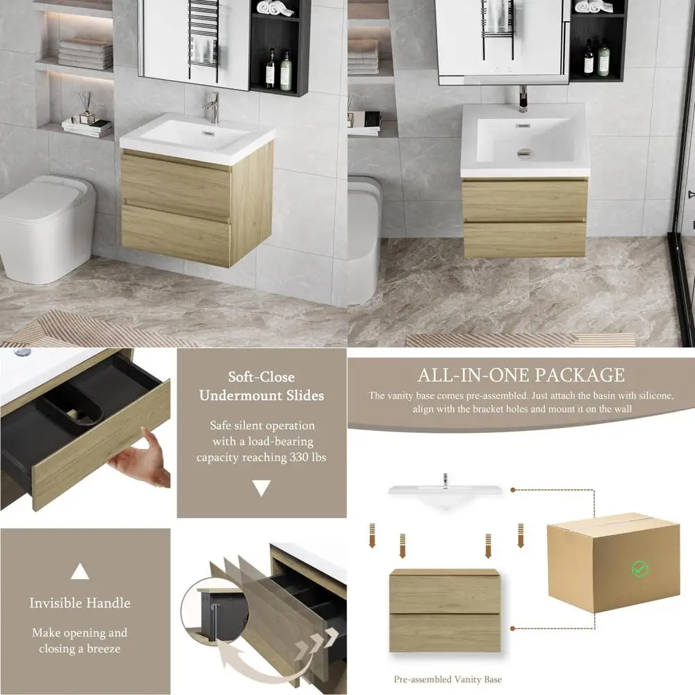 

30" wall-mounted floating vanity with soft-close drawers and one-piece sink