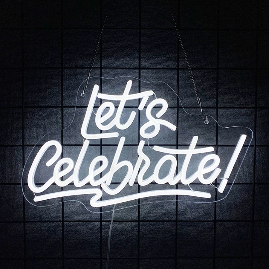 Let's Celebrate Neon Sign, White Letter LED Wall Decor USB Powered, Neon Light for Bedroom, Game Room Wedding and Party Backdrop