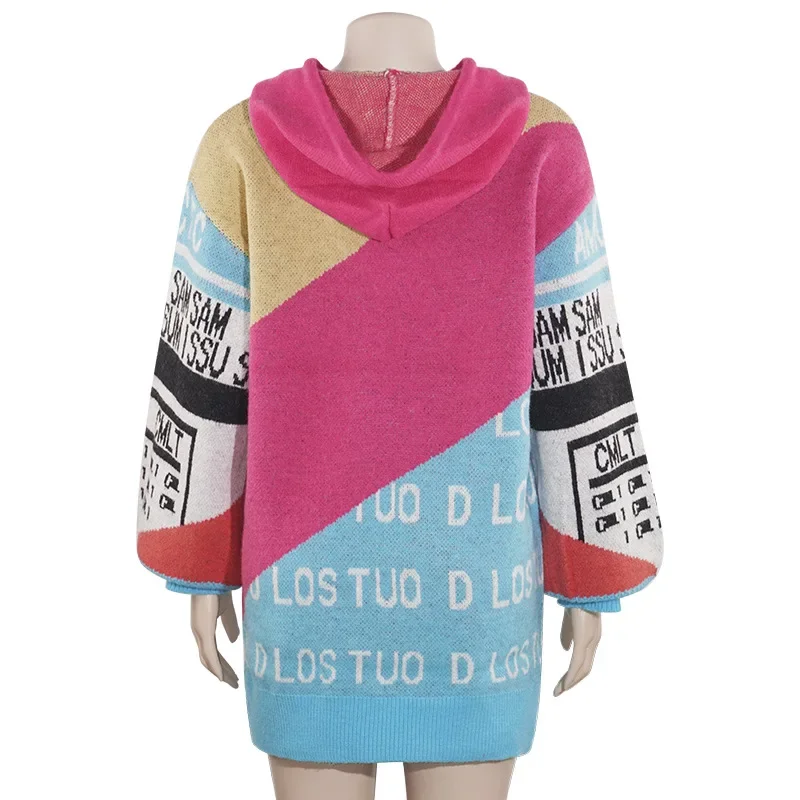 XIZOU Autumn Winter Women Sweaters O Neck Long Sleeve Hooded Color Block Pullover Letter Print Oversized Sweater Streetwear