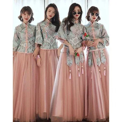 

Elegant Long Chinese Style Maidsmaid Dress 2024 New Design Embroidered Slimming Sister's Skirt Style Wedding Dress