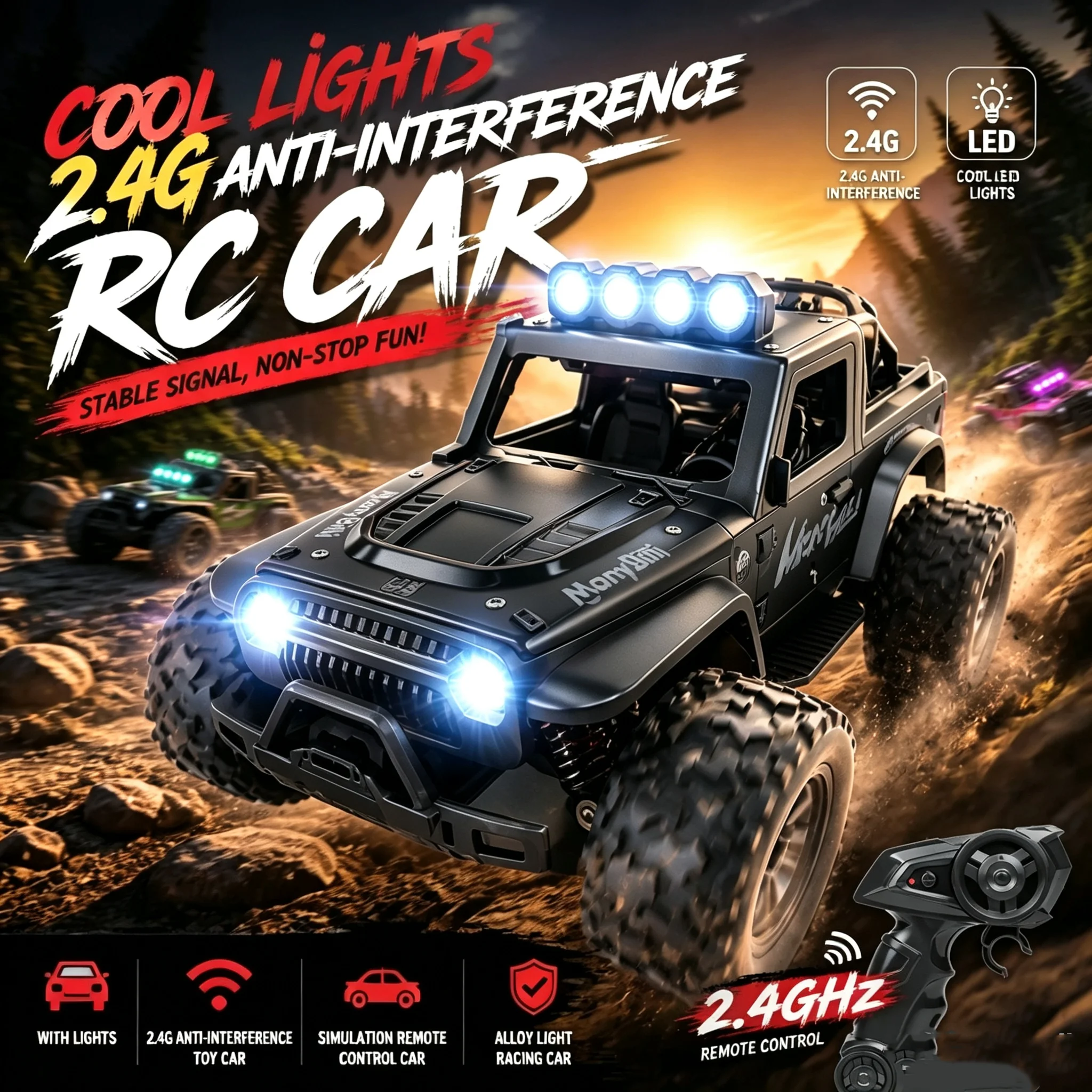 NEW 2.4G RC Off‑Road RC Car With Bright LED Lights All Terrain Climbing Buggy Simulation Pickup Truck Toy Gift For Children Boys