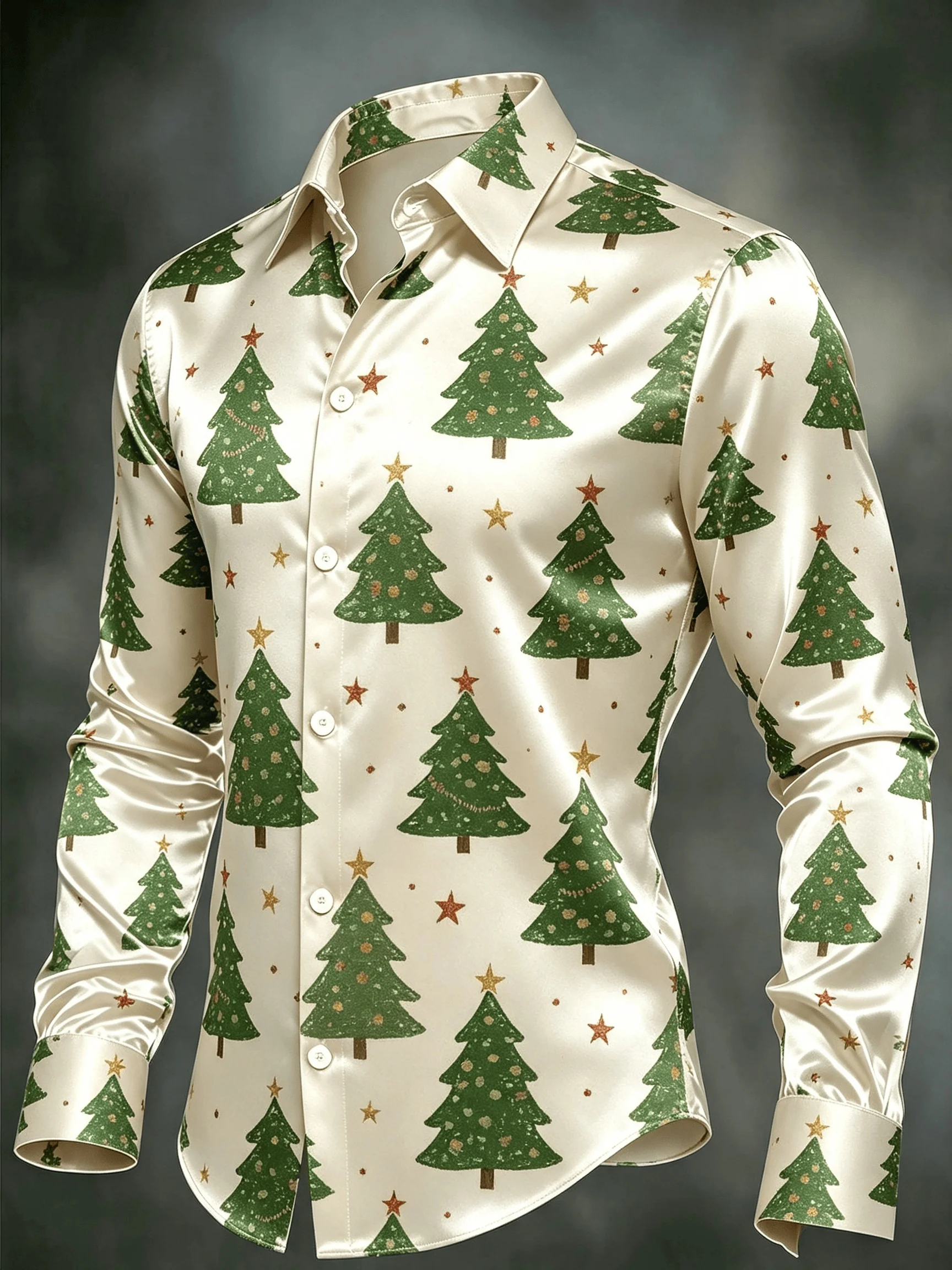 Men Long Sleeve Satin Shirt Cream Christmas Tree Star Print Turn Down Collar Button Up Party