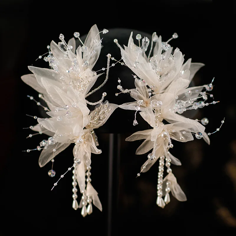 

New Light Champagne Luscious Gauze Petal Bridal Korean Style Hair Tiara Beaded Tassels Fairy Wedding Hair Ornament