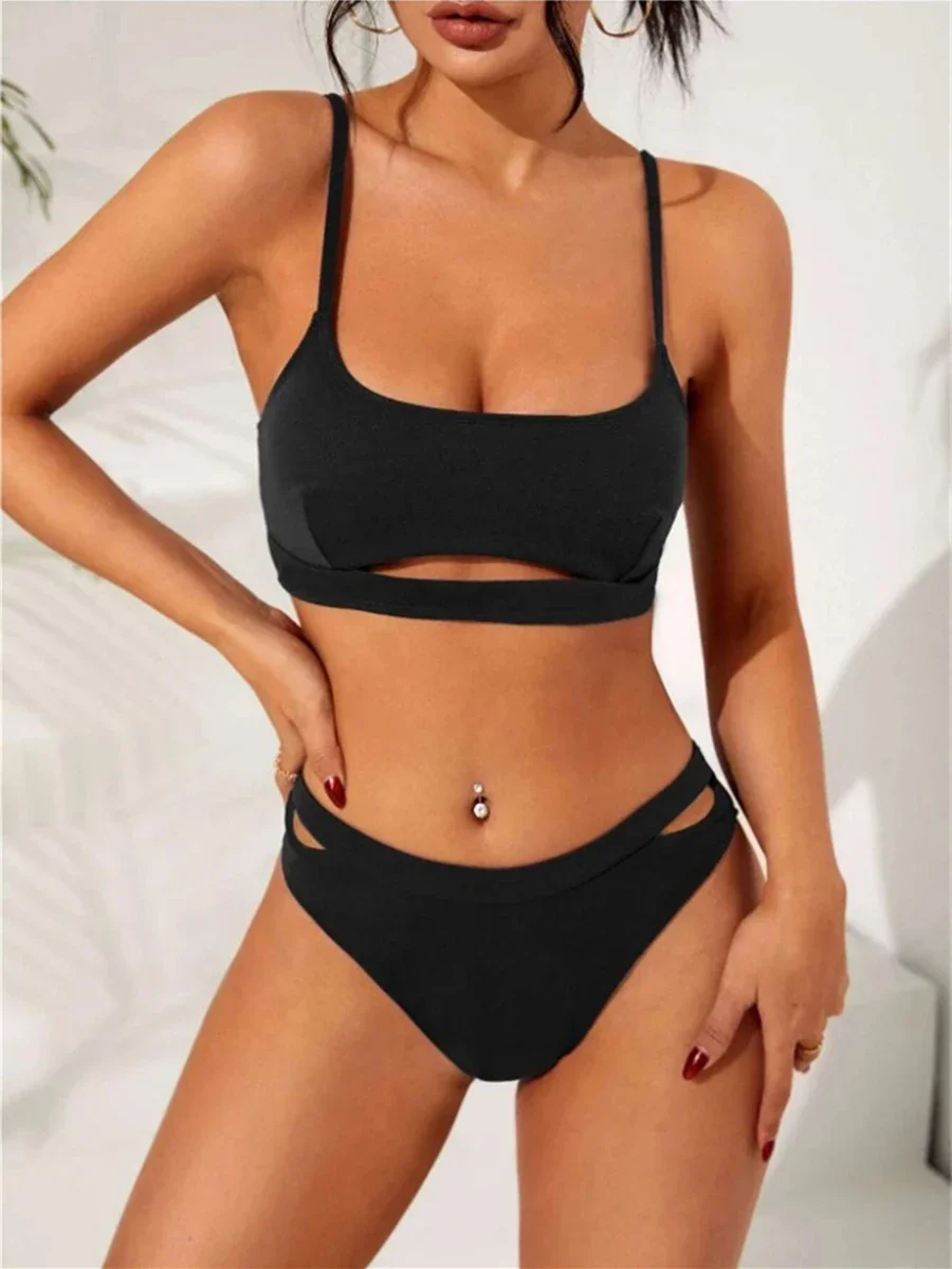 

2026 Solid Hollow Out Two Piece Bikini Swimsuit Women Swimwear Female Bathers Bathing Swimming Swim Suit Beachwear