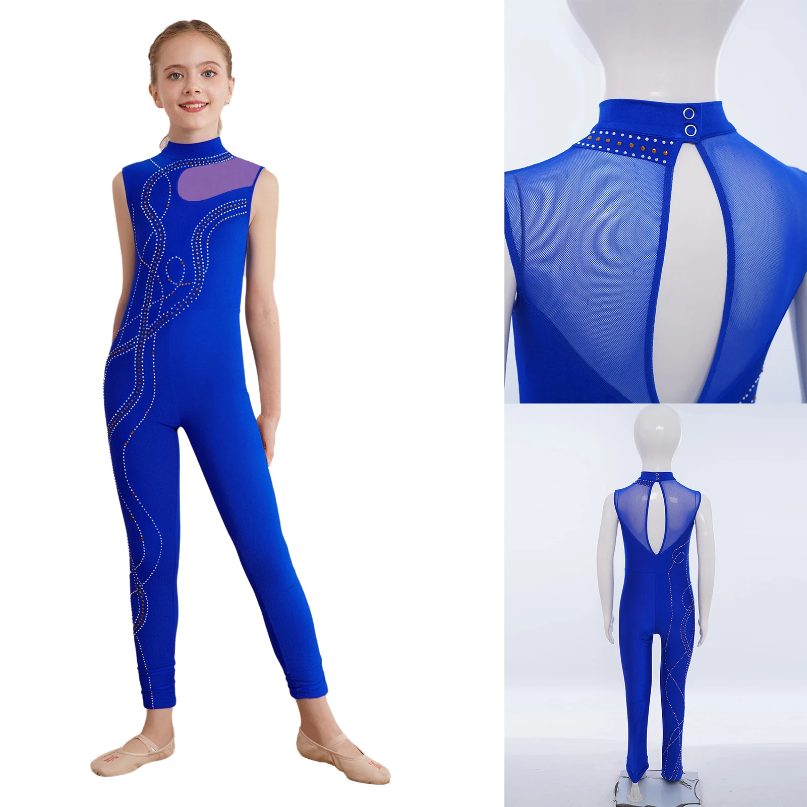 

Kids Girls Shiny Rhinestones Jumpsuit Sleeveless Keyhole Back Sheer Mesh Full Body Bodysuit for Gymnastics Ballet Dance Workout