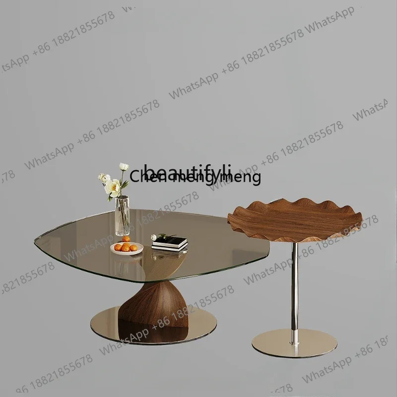 New arrive Medieval special-shaped coffee table combination designer living room home glass walnut leather artistic creativity