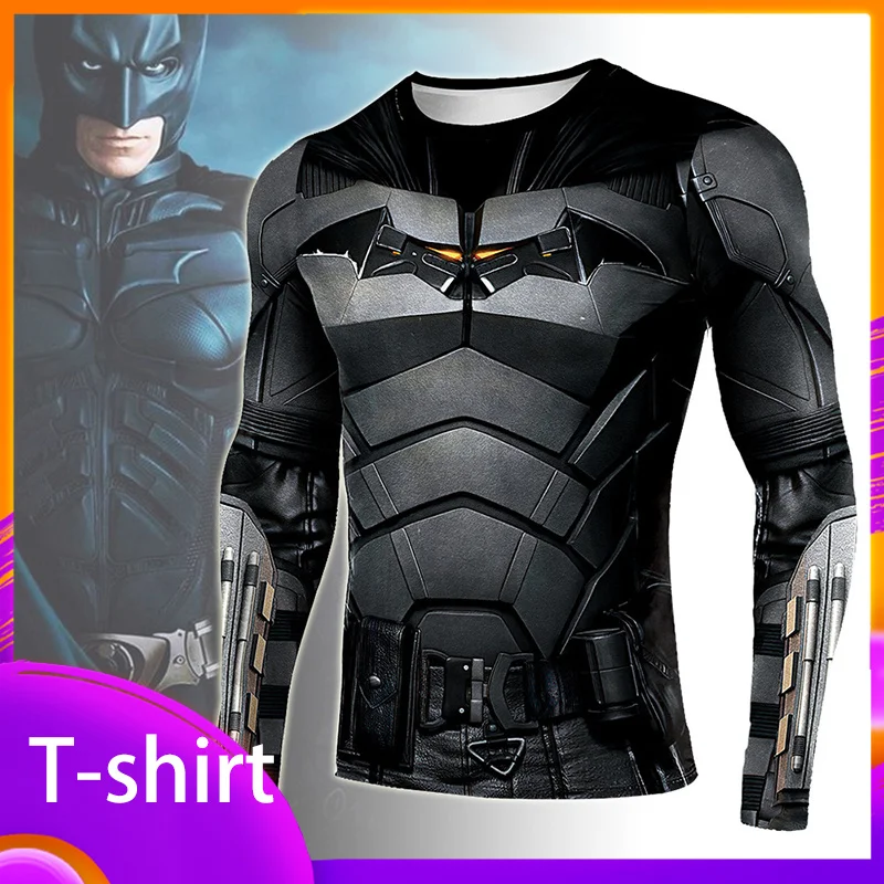 Anime Batman tight T-shirt cosplay superhero short sleeved/long sleeved men\'s sports and fitness quick drying shirt