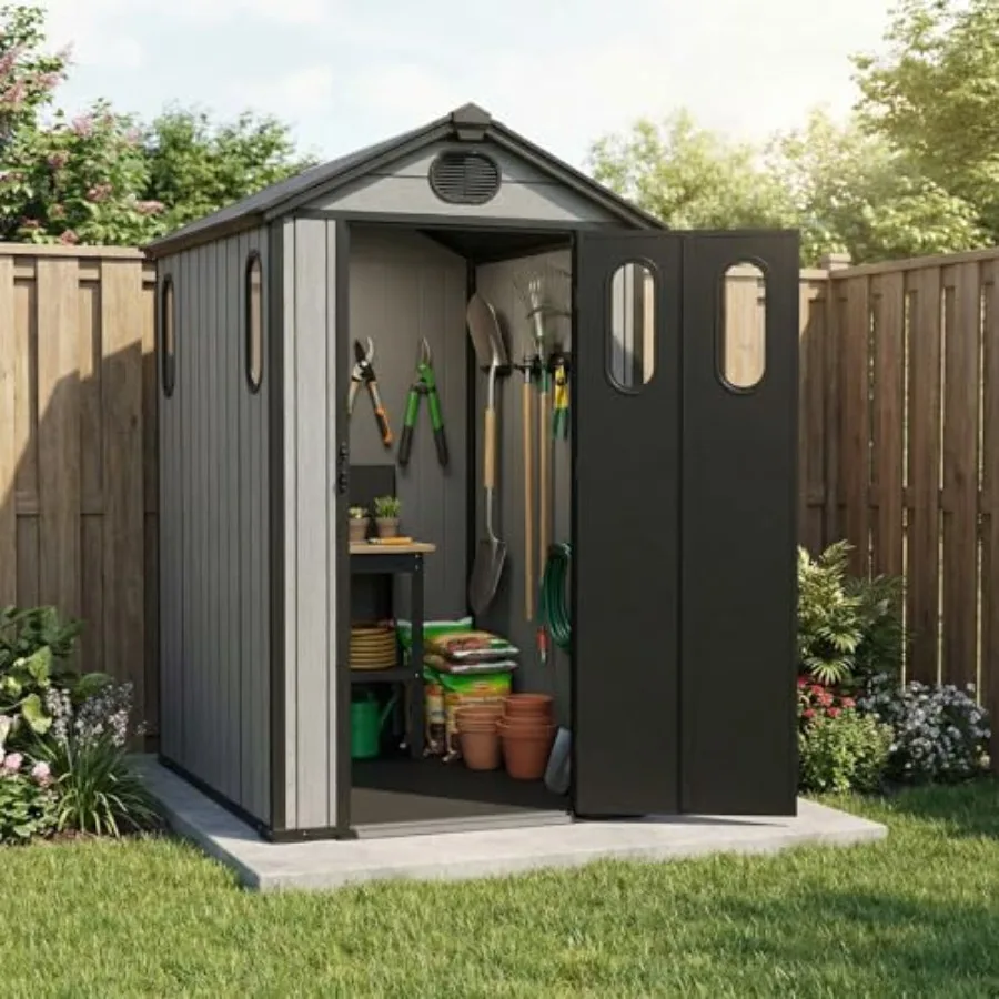 Outdoor resin storage shed for feet protection, weather-resistant gray material, compact design with rust-proof hardware