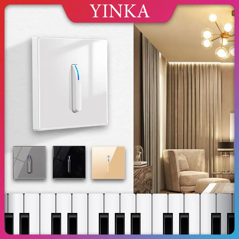 YINKA Home Wall Light Switch Panel Crystal Tempered Glass Switch Self-reset 1 Gang  2 Way LED Indicator Piano Key Wall Panel