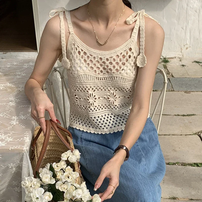 

Вязаный крючком топ без рукавов с завязками на плечах, прозрачный укороченный топ с открытой вязкой, жилет, прикрывающая блузка для женщин, наряд Fairycore Cottagecore