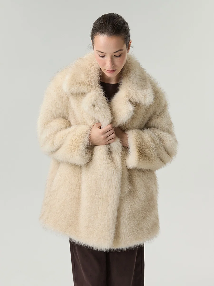 DFDG 2026 Women Wide Lapel Faux Fur Cropped Coat Drop Shoulder Loose Plush Thick Warm Jacket Luxury Outerwear Ladies Winter Fur