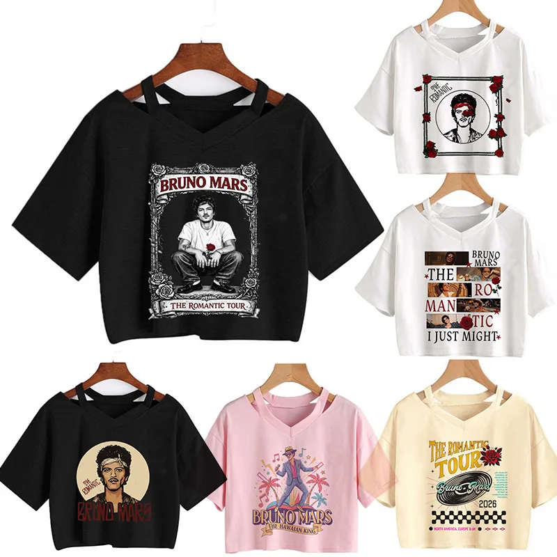 Hot Bruno Mars The Romantic Tour 2026 Print Crop Tops Y2k T-shirt Women Graphic Cropped T Shirt Fashion Sexy Tshirt Clothes