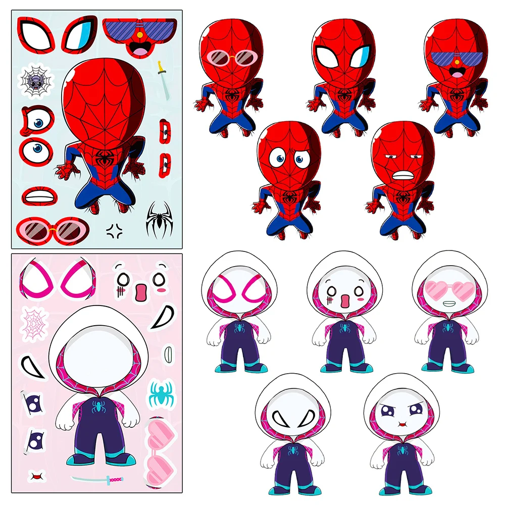 6/12Sheets Disney Marvel Spiderman and His Amazing Friends Puzzle Stickers Make a Face Assemble Jigsaw Sticker Kid Education Toy