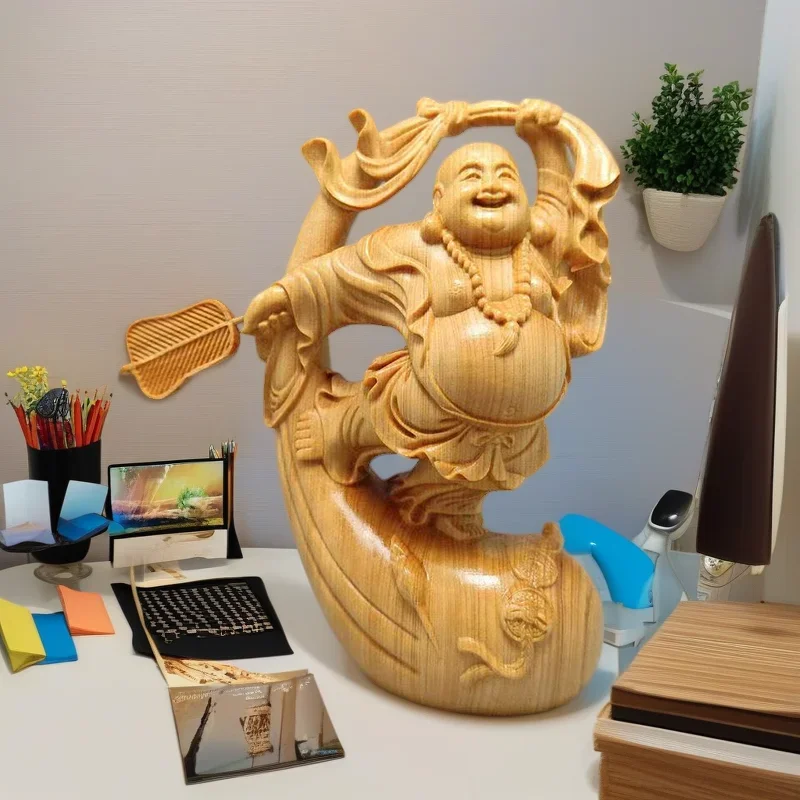 Natural Cypress Joyful Maitreya Buddha Figure Decoration Statue-Distinctive WoodCarving Suitable For Home Room Office Decorative
