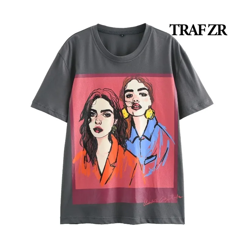 TRAF ZR T-shirts Woman Summer 2024 Cartoon Print Grey O-Neck T-shirt Short Sleeve T-shirts Harajuku Fashion Loose Fit T-shirt