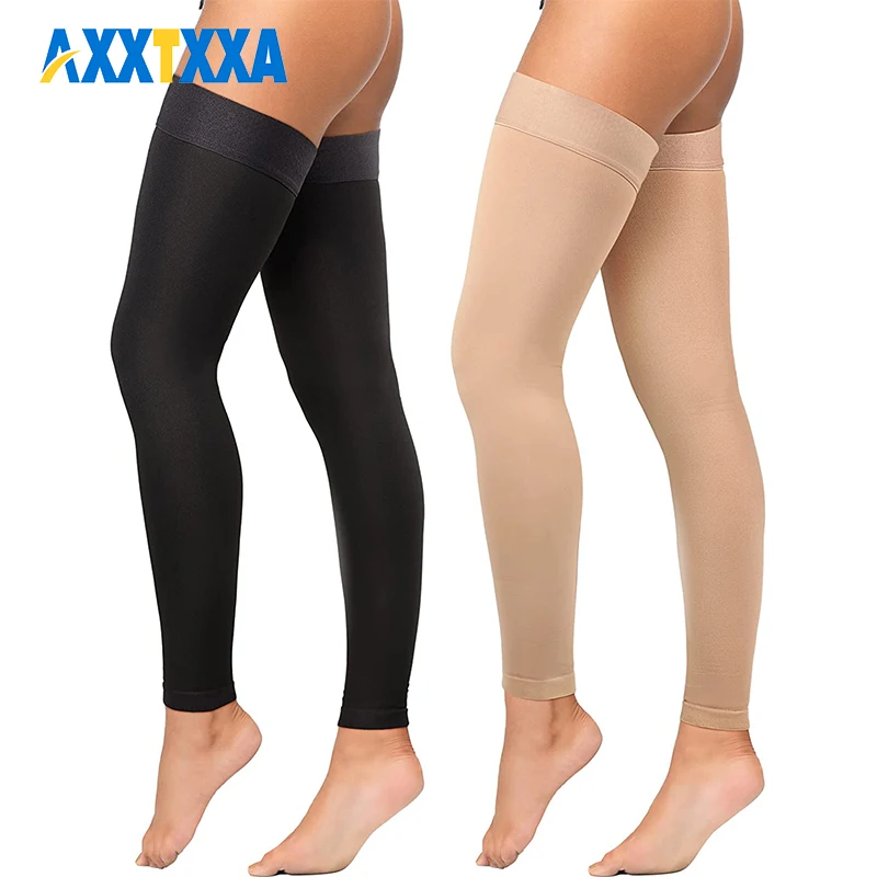 1 Pair Thigh High Footless Compression Sleeves with Silicone Band for Women & Men, Firm 20-30 mmHg Graduated Support