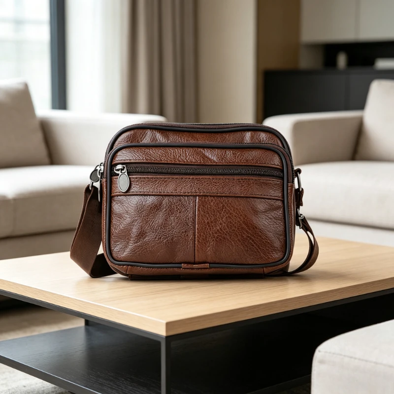 Men Top Grain Cowhide Small Crossbody Bag Genuine Leather Casual Shoulder Satchel   