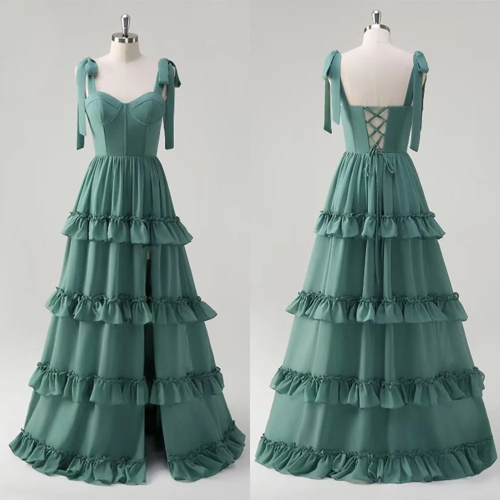 

High Quality Customized Sleeveless Floor Length Tiered Pleat Backless High Fork Vestidos Para Bodas Mujer Invitada فساتين السهرة