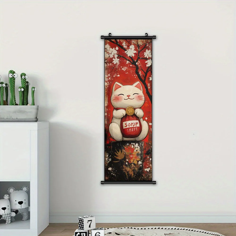 VIKAMA Lucky Cat Canvas Wall Art Scroll Japanese Feng Shui Decor with Frame Hook Bedroom Living Room Gift Fortune Print