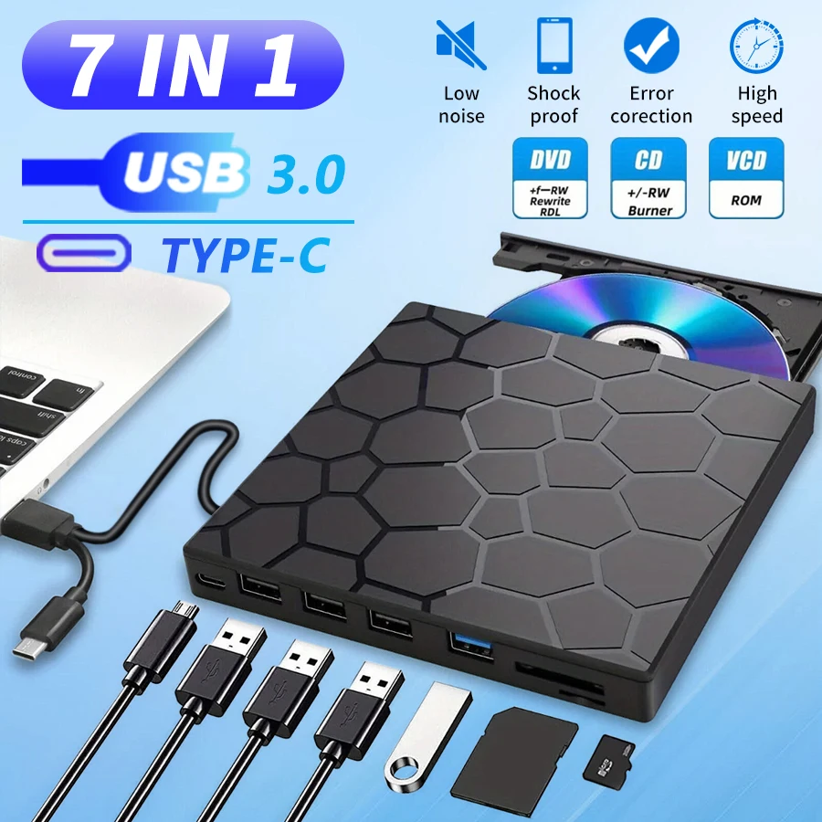 

7 in 1 External DVD Drive with USB3.0&Type C DVD Burner Optical Disk Drive Recorder CD/DVD Player CD Writer for Laptop Desktop