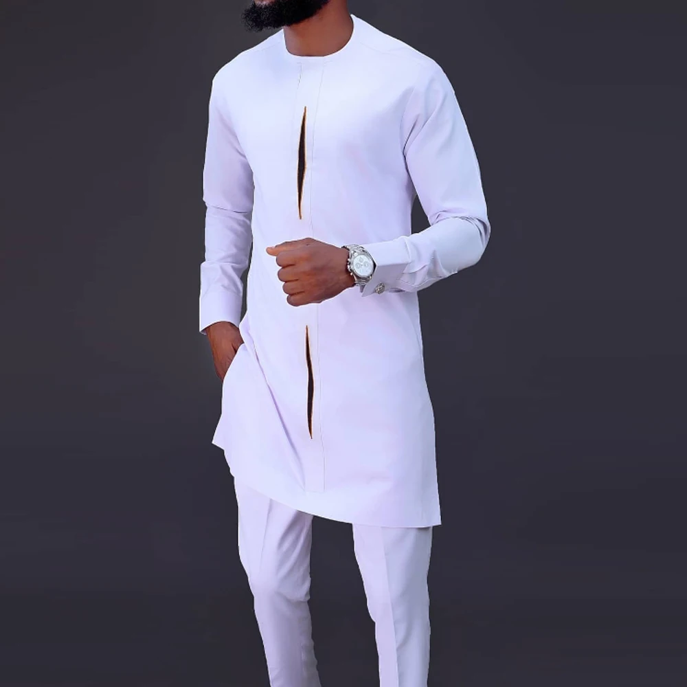 2024 Man 2pcs Sets African Ramadan Suits Men Round Neck T-shirt Pants Tops Trousers National Style Wedding Traditional Clothing