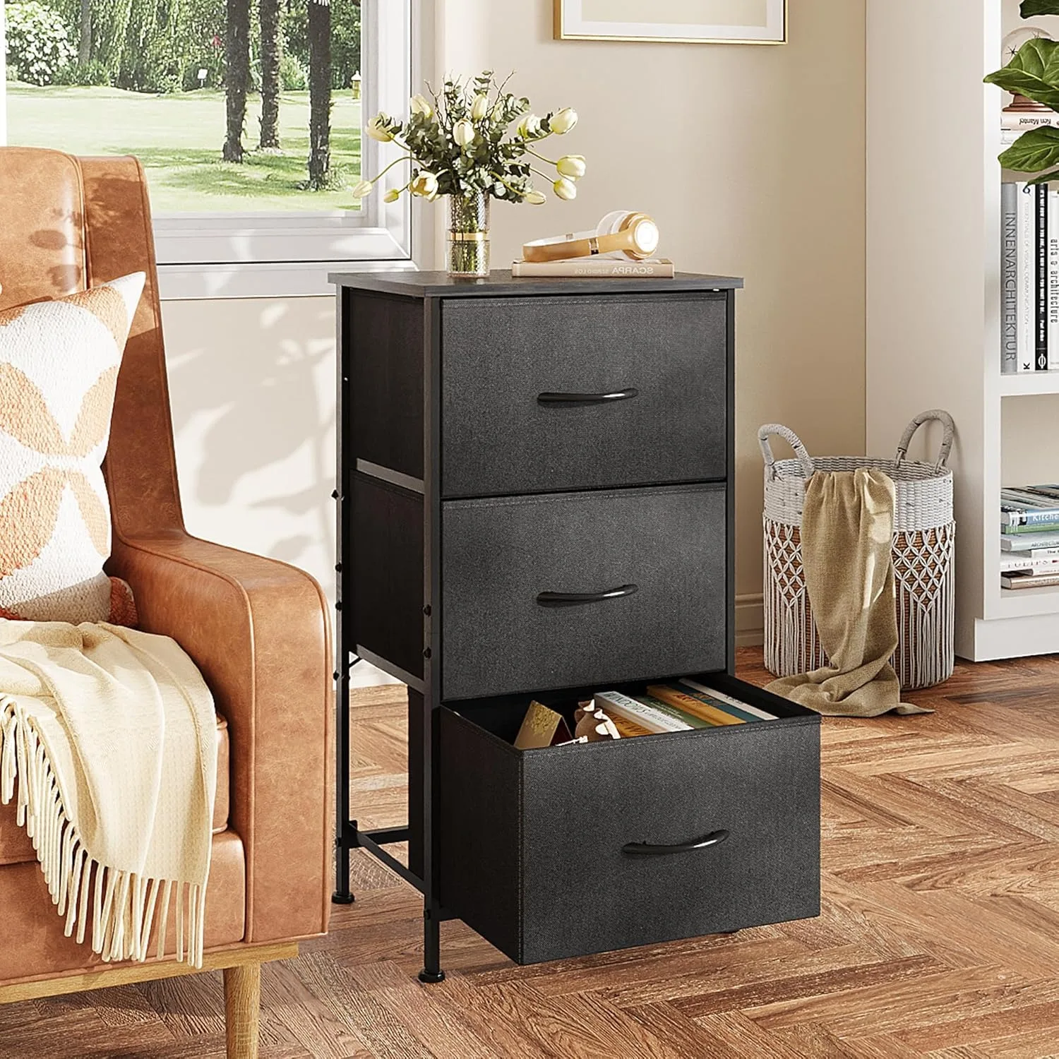 Kommode mit 3 Schubladen, Nachttisch aus Stoff, Organizer-Einheit, Aufbewahrungskommode für Schlafzimmer, Flur, Eingangsbereich, Schränke, Anthrazitschwarz