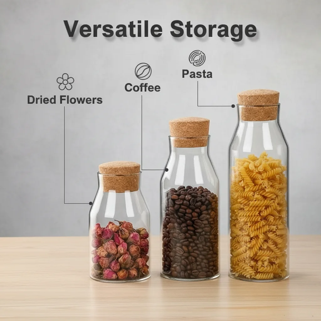 1 pot de conservation en verre scellé avec couvercle en liège - Organisateur de cuisine transparent, conception scellée résistante à l'humidité et aux parasites