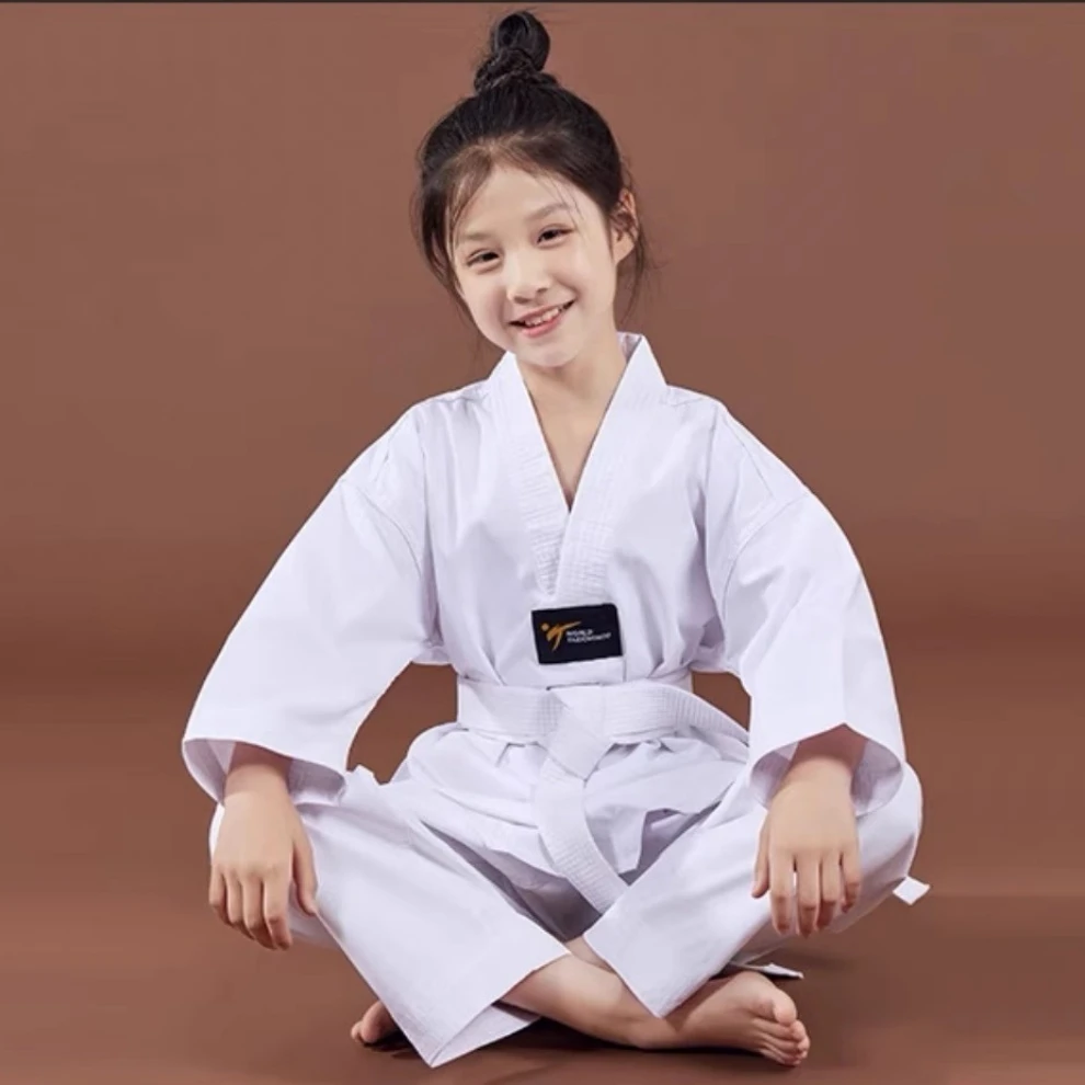 TKD Martial Arts Taekwondo Uniform Dobok V-Neck MMA Demonstration Team Gym School Long Sleeved For Kids Adult White Collar
