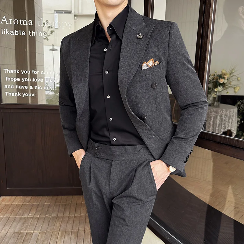 (Blazer + Trousers) Fashion Double Breasted Design Slim Men\'s Suit Italian Style Luxury Wedding Social Party Tuxedo 2 Piece Set