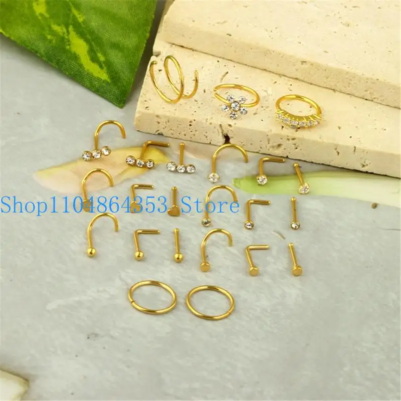 652F 23pcs Stainless Steel Cubic Zirconia Nose Pins Gemstones Color Body Piercing