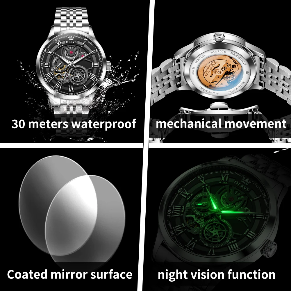 OLEVS 7076 Mens Watch Automatic Mechanical Watch Multifunctional Chronograph Watch For Men 30m Waterproof Luminouse Box Original