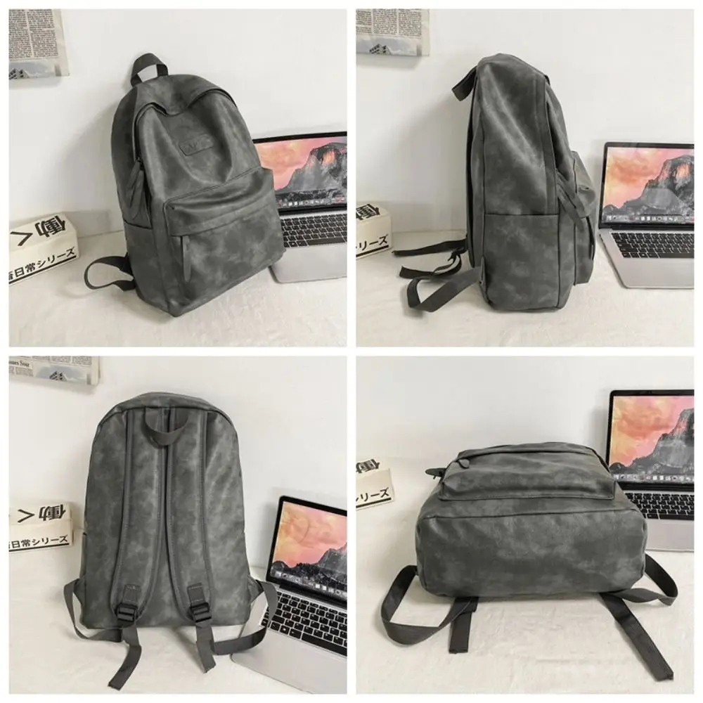 Korean Style Leather Backpack Men Large Capacity Waterproof Teens Schoolbag Storage Multiple Pockets Shoulder Bag Shopping