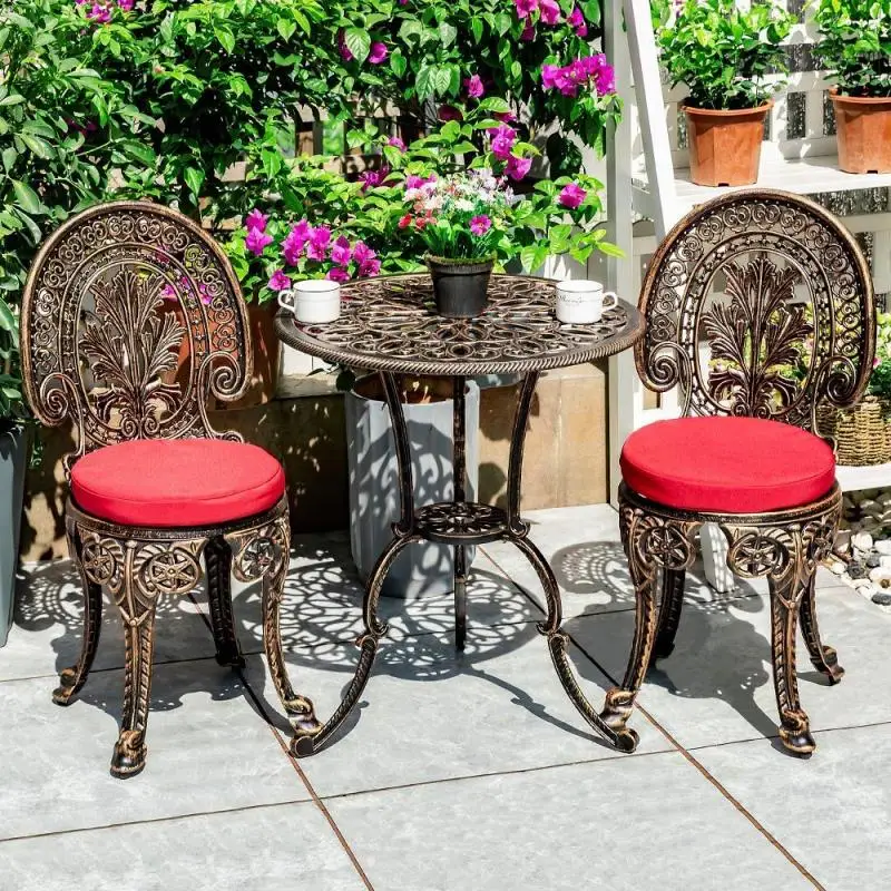 3Pcs Set Outdoor Courtyard 1 Table and 2 Chairs with Mats Balcony Garden Retro Metal Terrace Roof Leisure Small Tea Table Chair