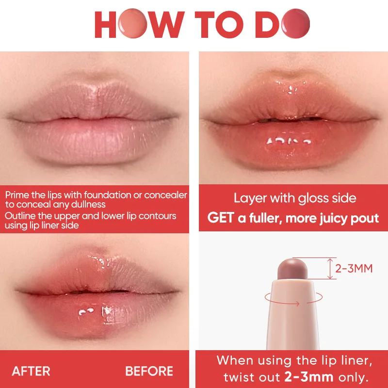 Judydoll Brilho labial e delineador labial de ponta dupla, 2 em 1, brilho espelhado, hidratante, de longa duração, não pegajoso, lábios definidos, acabamento brilhante