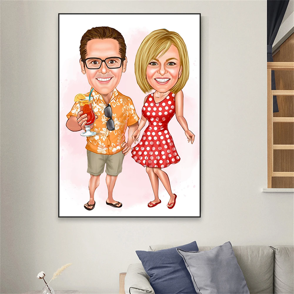 Custom Couple Cartoon Portrait Poster Personalized Lover Family Portrait Print Valentine\'s Day Anniversary Gift Canvas Painting