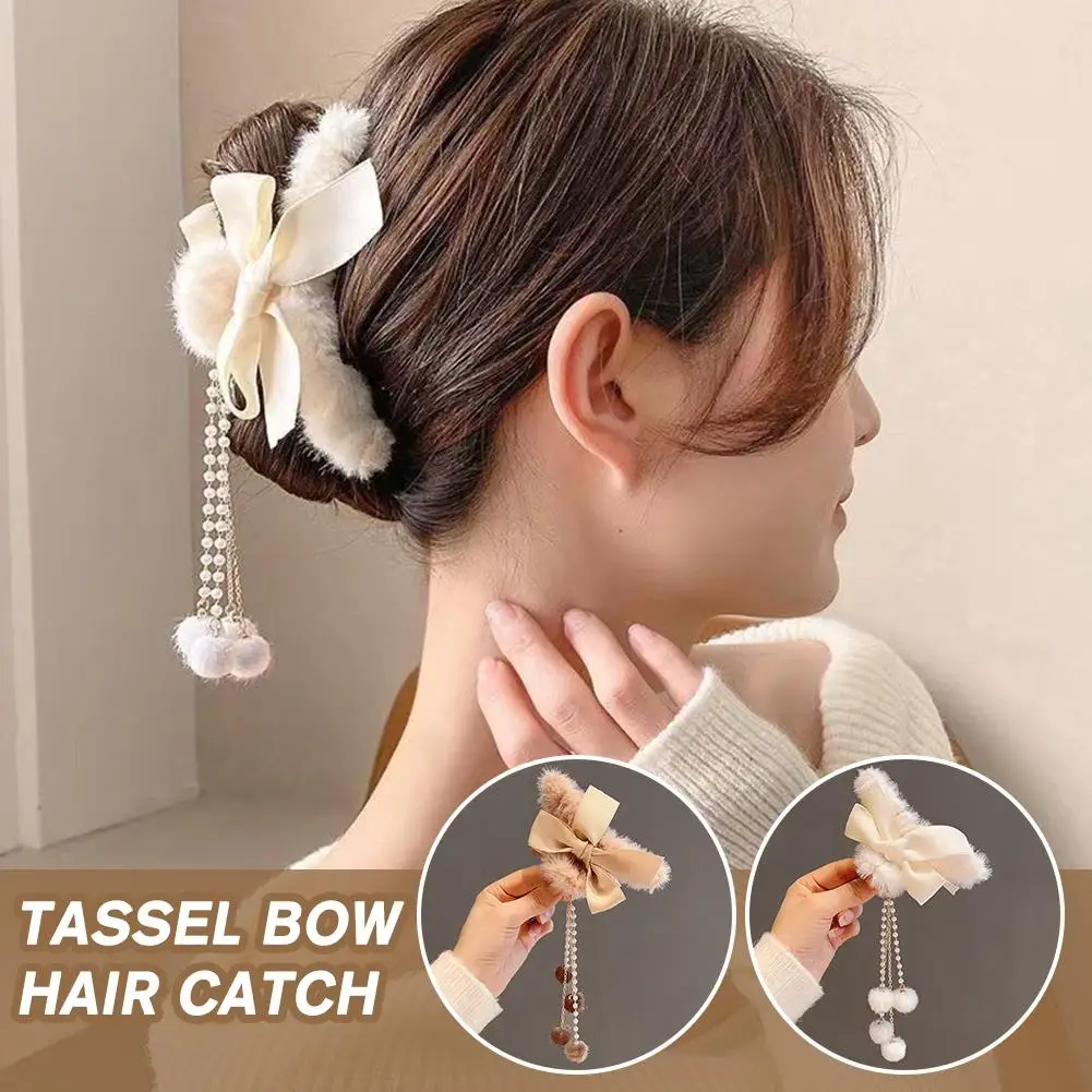 Tassel bow hair catch Big Bow Hair Clips Pearl Tassel Strong Hair Accessories Clips Fashion Hold Hair Clips Hair Claw R0Q1