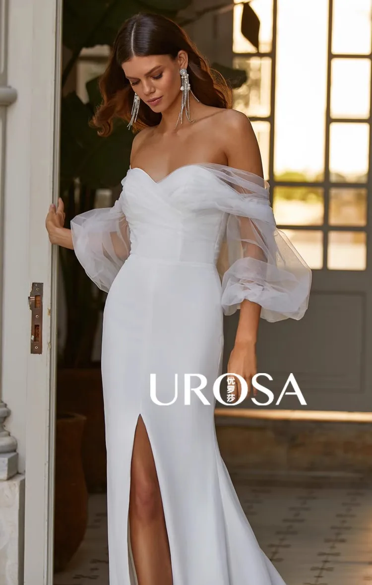 Slit dress Wedding Dresses off-shoulder half-sleeve A-line back button Sash Bride Wedding Gowns Boho Vestido de Noiva