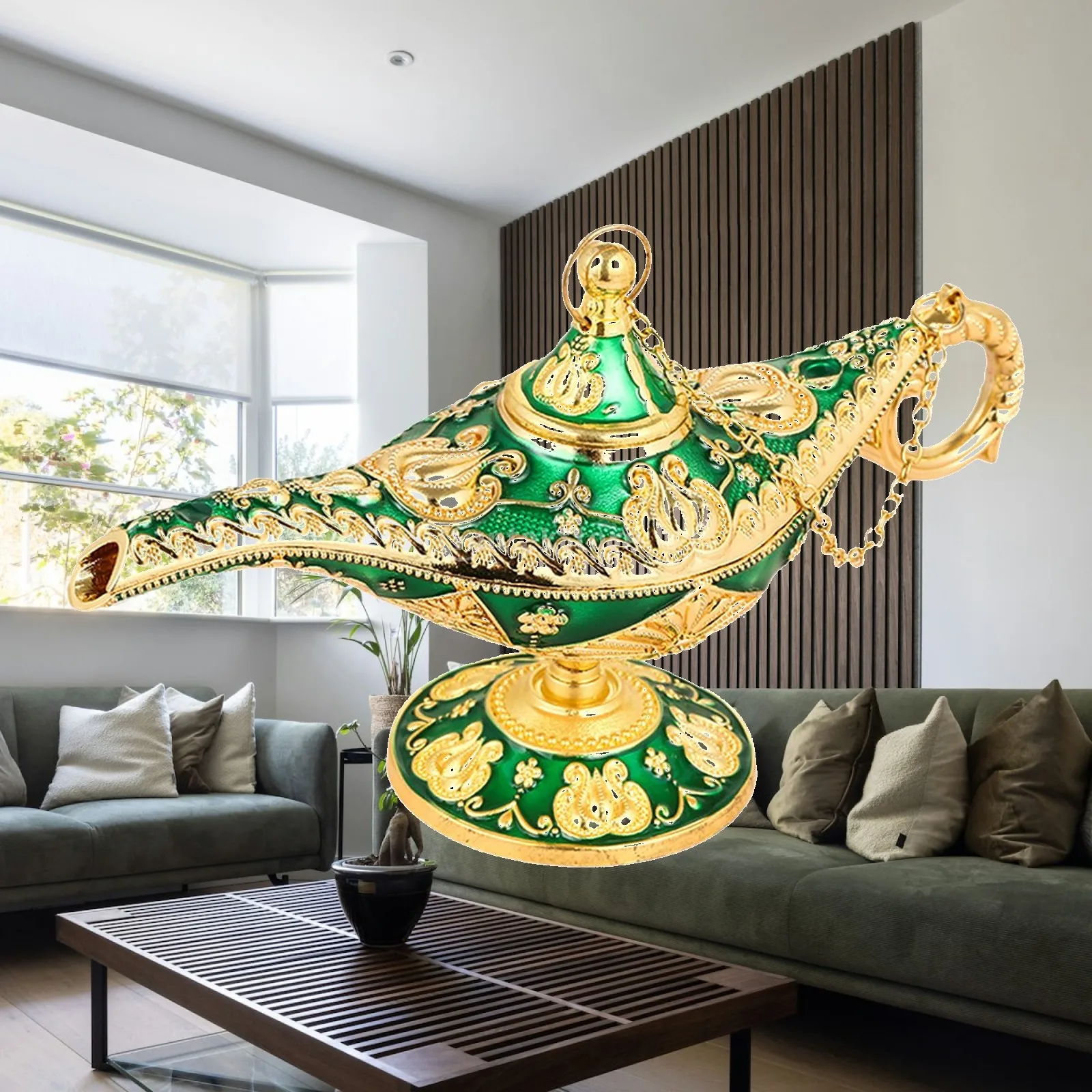 Classic Arabian Costume Lamp Gold Tabletop Decor Collectable Wishing Light Vintage Accent for Home Office Wedding Party