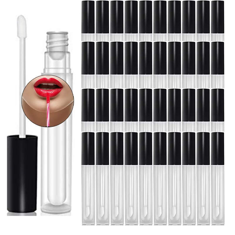 

50pack 10ml Clear Lip Gloss Tubes Refillable Bottles Empty Lip Balm Lipstick Tube Black Cap with Rubber Stoppers Inserts Sample