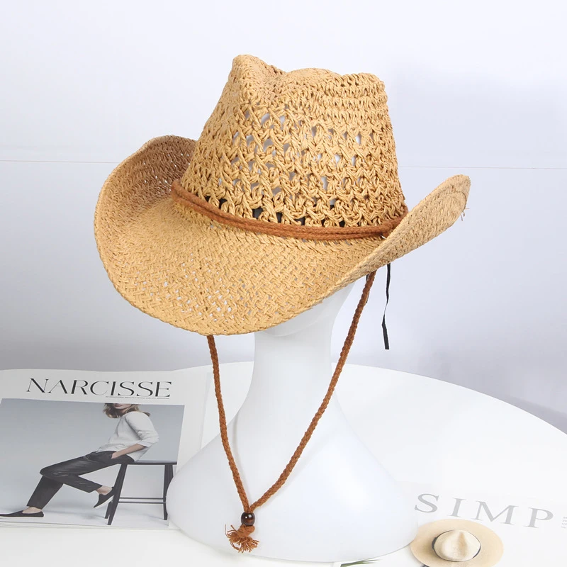 

(JYA2)Straw Western Cowboy Hat For Men Women Cowgirl Shapeable Wide Brim Sun Beach Cap Outdoor Travel