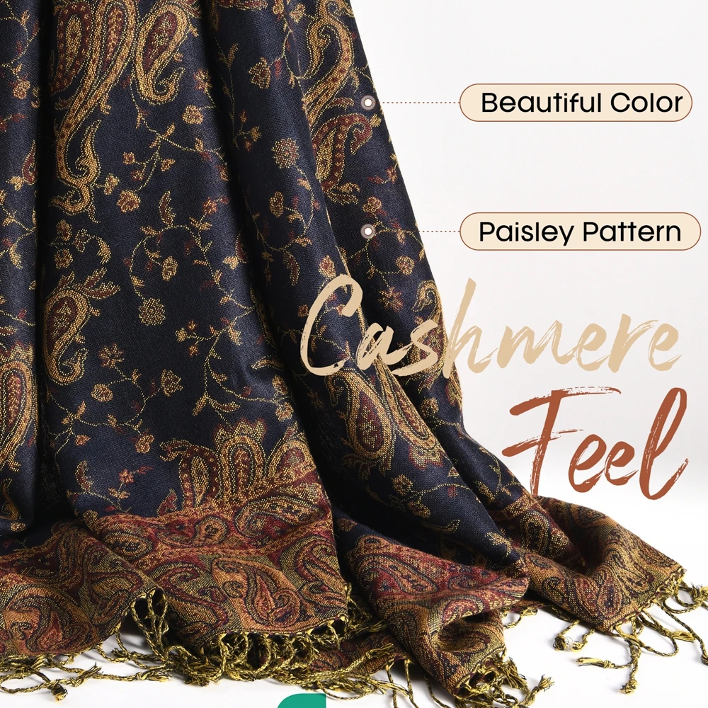 ผ้าพันคอ/ผ้าคลุมไหล่ลายดอกมะม่วงหิมพานต์ ดีไซน์พู่ห้อย นุ่มหรูหรา ปักลาย สำหรับฤดูใบไม้ร่วง/ฤดูหนาว  เครื่องประดับสำหรับงานปาร์ตี้สำหรับผู้หญิง