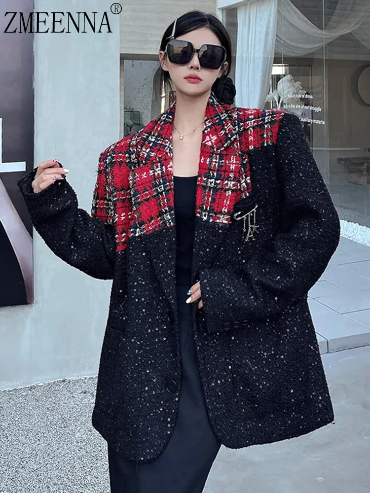 ZMEENNA Women Red Plaid Spliced Big Size Sequin Woolen Blazer New Lapel Long Sleeve Jacket Fashion Tide Spring Autumn 2024 ZM575