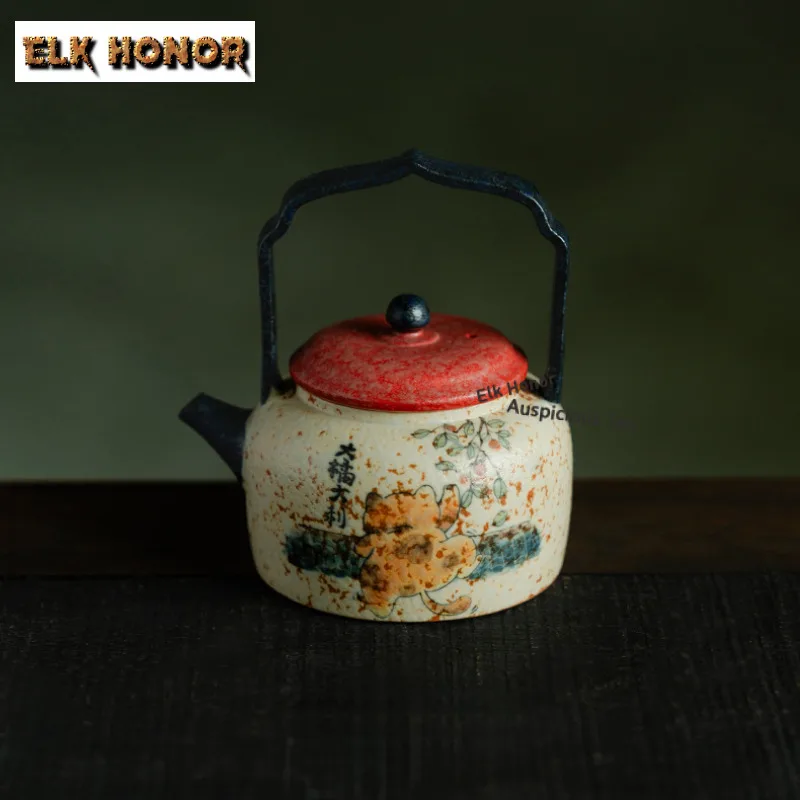 

110ml Hand-painted Cat Lifting Handle Teapot Ancient Tea Infuser Pot Tea Brewing Kettle with Strainer Chinese Tea Set Craft