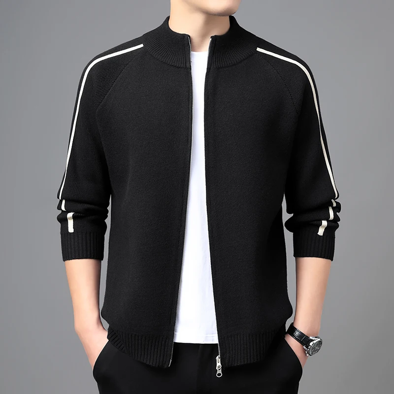 الرجال عارضة سترة البلوزات الخريف الشتاء تريكو أسود أخضر القهوة سستة مفتوحة الأكمام شريط تصميم محبوك سترة الحد الأدنى