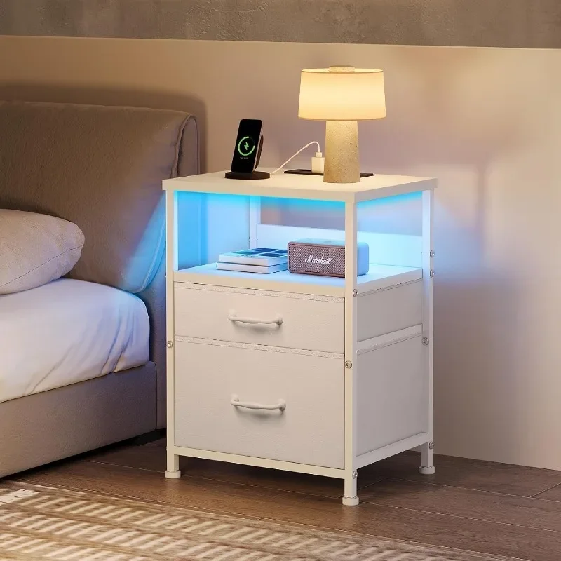 

White Nightstand with Charging Station, LED Night Stand with 2 Fabric Drawers, Side Table with Open Shelf